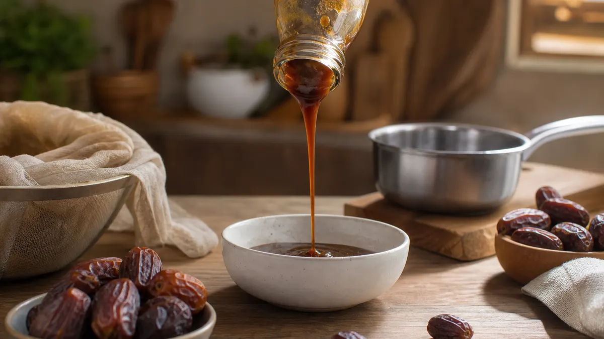 Sari kurma kental dituang ke mangkuk kecil di meja dapur