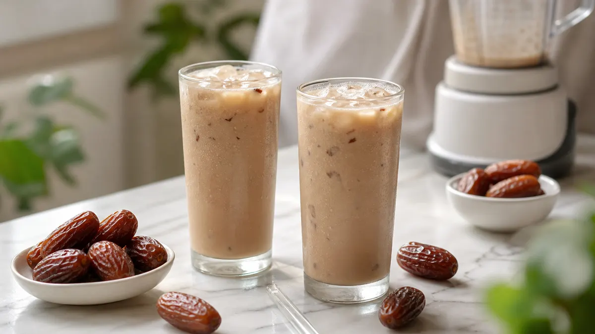 Dua gelas susu kurma dingin dengan kurma utuh di sekelilingnya