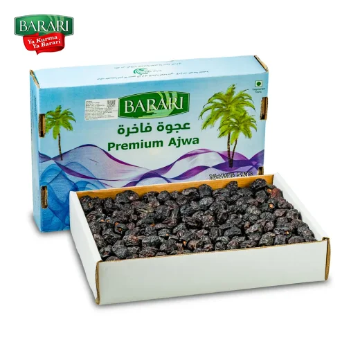 Kemasan karton Kurma Ajwa Barari berisi kurma hitam Madinah